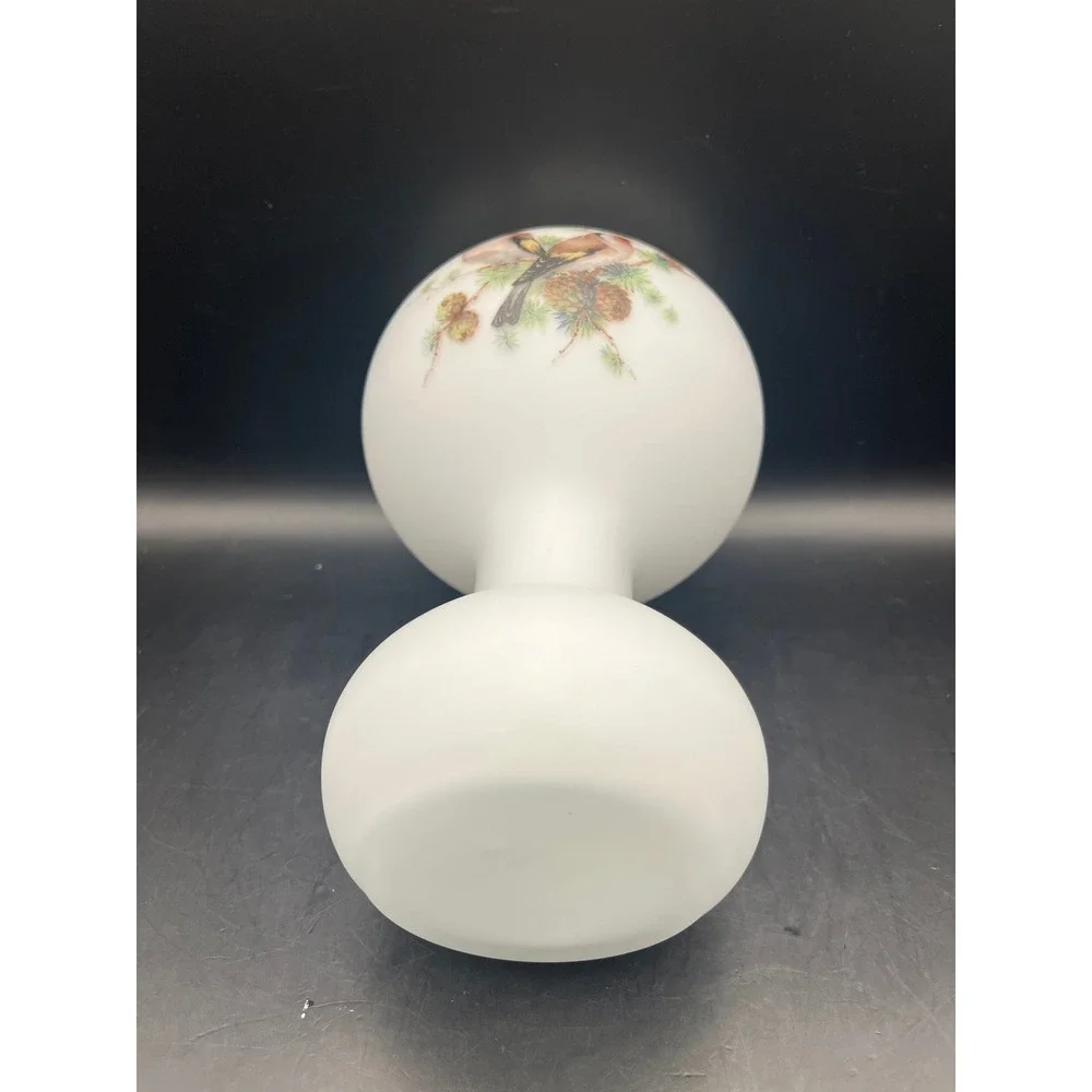 Vtg Opaline Satin Norleans Frosted Glass Vase Gold Trim Bird Pine Painted 7x4.5